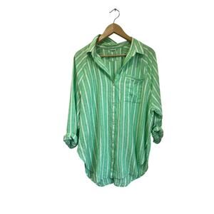 Aerie Oversized Green Stripe Linen Blend Button Down Coastal Size Small